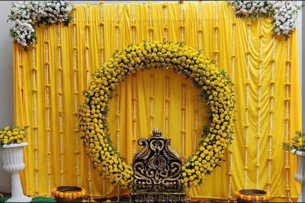  Sunshine bliss haldi setup with traditional flowers