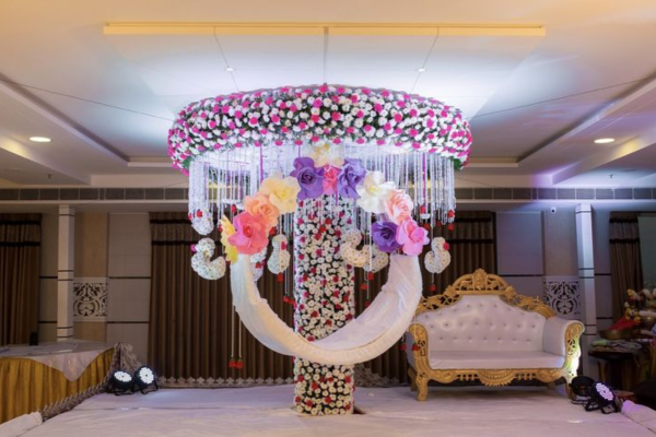  Vibrant rainbow color stage decoration for naming ceremony