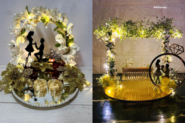  White pearl-decorated engagement ring plate with soft lighting and ribbons_Akshara Event -Pune 