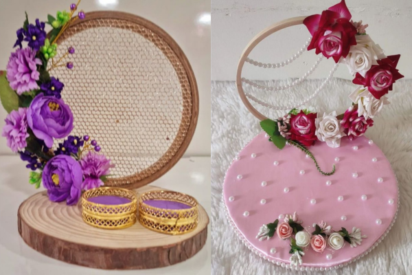 Gold-themed engagement ring plate with metallic decor and elegant accents_Akshara Event-Pune 